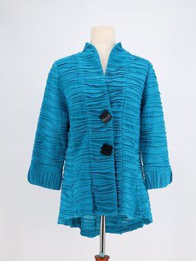 IC BY CONNIE K Textured Wavy Stripe Asymmetrical Jacket Blazer Teal Size M
